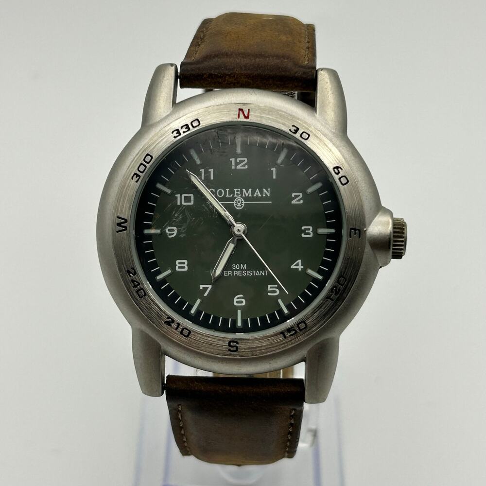 Coleman Green-dial Stainless Steel Brown Leather Mens Watch Working New Battery